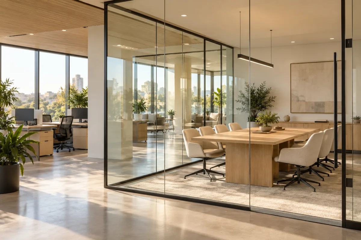 Illustrative commercial office with meeting rooms and shared work areas